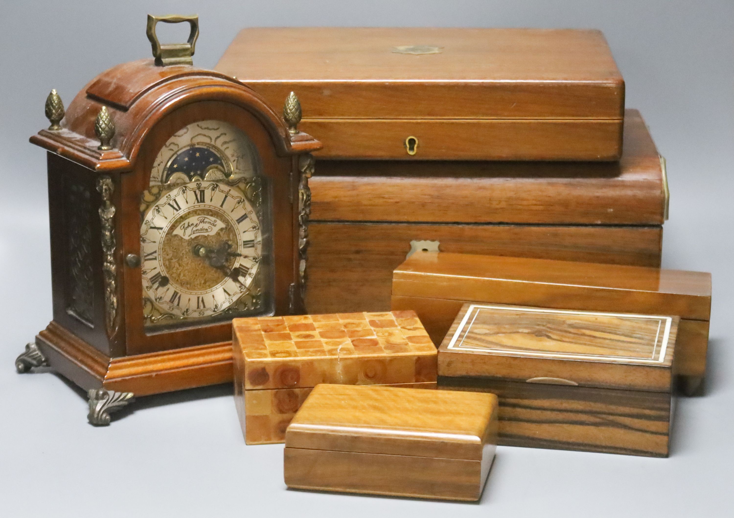 A Victorian rosewood writing box, a Georgian style mantel clock by John Thomas, London and sundry boxes